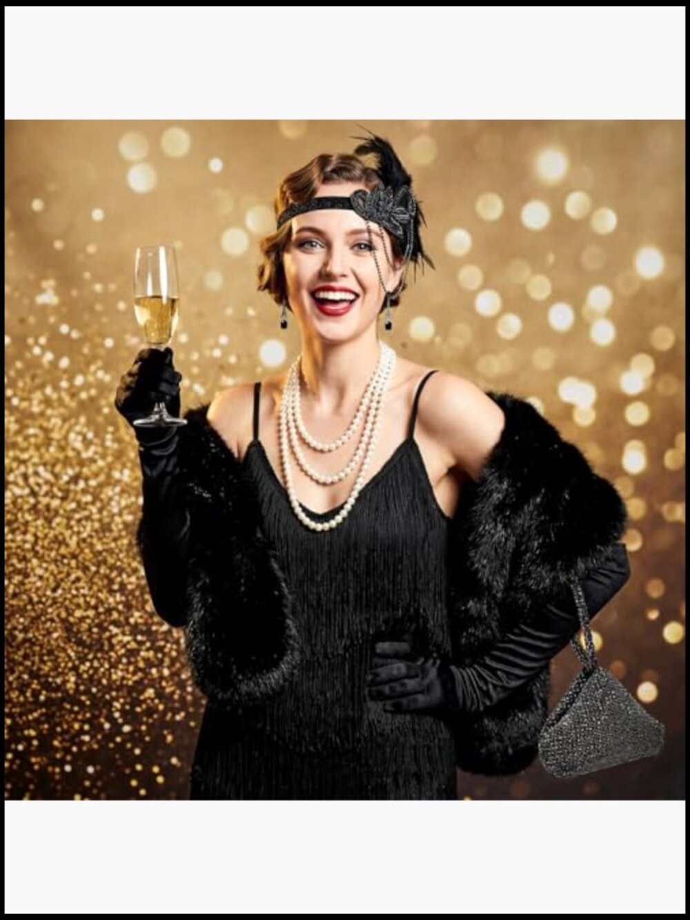 1920s Flapper Accessory Set Faux Fur Shawl Clutch Gloves Jewelry Set - Picture 5 of 7
